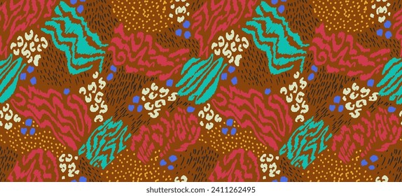 Creative collage of animal skins. Leopard, zebra, tiger. Wool and skin of wild animals. Fashionable modern pattern for wallpaper and fabric. Exotic print in different colors in flat style.