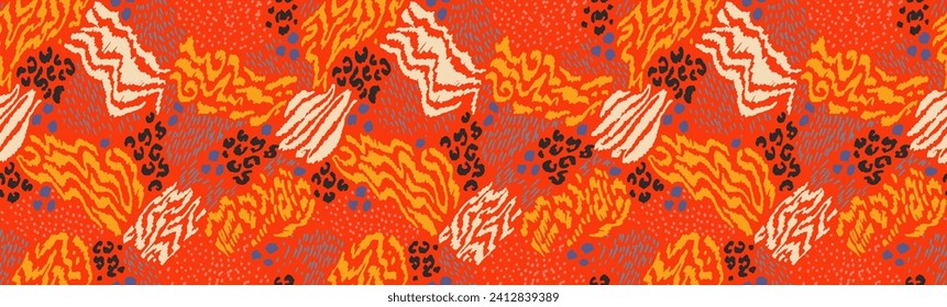 Creative collage of animal skins. Leopard, zebra, tiger. Wool and skin of wild animals. Fashionable modern pattern for wallpaper and fabric. Exotic print in different colors in flat style.