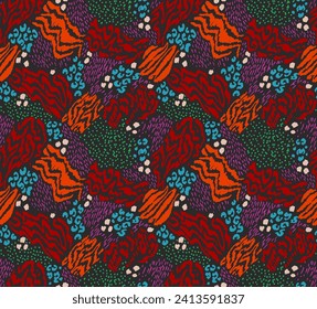 Creative collage of animal skins. Leopard, zebra, tiger. Wool and skin of wild animals. Fashionable modern pattern for wallpaper and fabric. Exotic print in different colors in flat style.