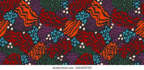 Creative collage of animal skins. Leopard, zebra, tiger. Wool and skin of wild animals. Fashionable modern pattern for wallpaper and fabric. Exotic print in different colors in flat style.