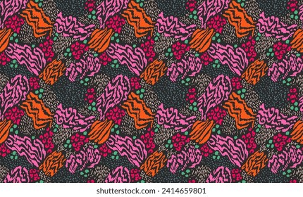 Creative collage of animal skins. Leopard, zebra, tiger. Wool and skin of wild animals. Fashionable modern pattern for wallpaper and fabric. Exotic print in different colors in flat style.