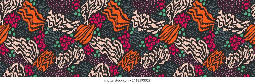 Creative collage of animal skins. Leopard, zebra, tiger. Wool and skin of wild animals. Fashionable modern pattern for wallpaper and fabric. Exotic print in different colors in flat style.