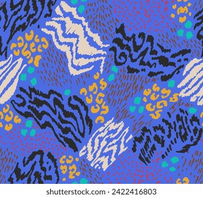 Creative collage of animal skins. Leopard, zebra, tiger. Wool and skin of wild animals. Fashionable modern pattern for wallpaper and fabric. Exotic print in different colors in flat style.