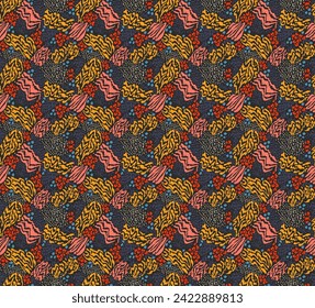 Creative collage of animal skins. Leopard, zebra, tiger. Wool and skin of wild animals. Fashionable modern pattern for wallpaper and fabric. Exotic print in different colors in flat style.