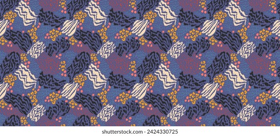 Creative collage of animal skins. Leopard, zebra, tiger. Wool and skin of wild animals. Fashionable modern pattern for wallpaper and fabric. Exotic print in different colors in flat style.