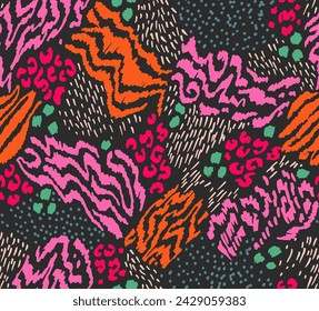 Creative collage of animal skins. Leopard, zebra, tiger. Wool and skin of wild animals. Fashionable modern pattern for wallpaper and fabric. Exotic print in different colors in flat style.