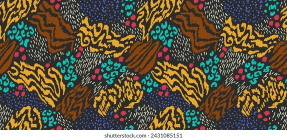Creative collage of animal skins. Leopard, zebra, tiger. Wool and skin of wild animals. Fashionable modern pattern for wallpaper and fabric. Exotic print in different colors in flat style.