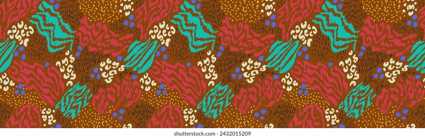 Collage creativo de pieles de animales. Leopardo, cebra, tigre. Lana y piel de animales salvajes. Patrón moderno de moda para papel pintado y tela. Impresión exótica en diferentes colores en estilo plano.