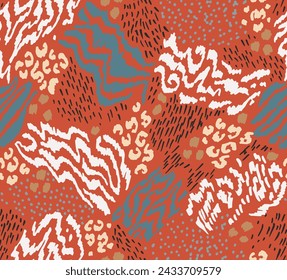 Creative collage of animal skins. Leopard, zebra, tiger. Wool and skin of wild animals. Fashionable modern pattern for wallpaper and fabric. Exotic print in different colors in flat style.