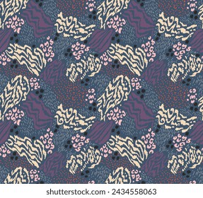 Creative collage of animal skins. Leopard, zebra, tiger. Wool and skin of wild animals. Fashionable modern pattern for wallpaper and fabric. Exotic print in different colors in flat style.