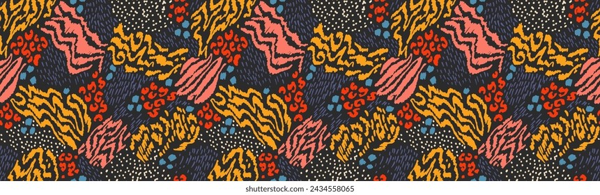 Creative collage of animal skins. Leopard, zebra, tiger. Wool and skin of wild animals. Fashionable modern pattern for wallpaper and fabric. Exotic print in different colors in flat style.