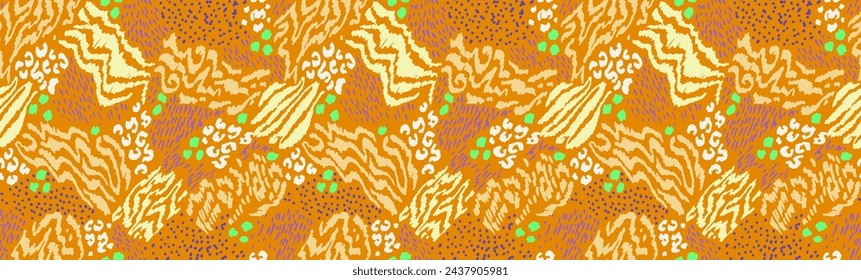 Creative collage of animal skins. Leopard, zebra, tiger. Wool and skin of wild animals. Fashionable modern pattern for wallpaper and fabric. Exotic print in different colors in flat style.