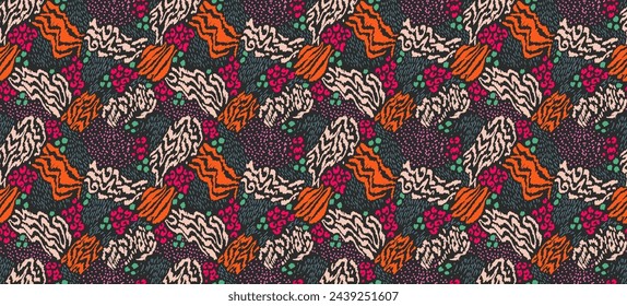 Creative collage of animal skins. Leopard, zebra, tiger. Wool and skin of wild animals. Fashionable modern pattern for wallpaper and fabric. Exotic print in different colors in flat style.