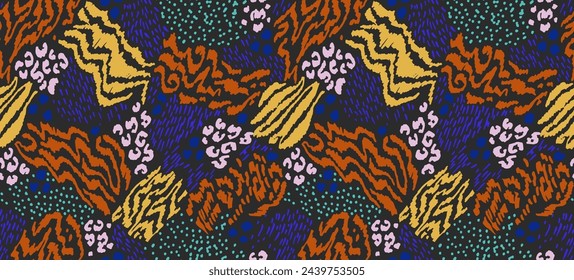 Creative collage of animal skins. Leopard, zebra, tiger. Wool and skin of wild animals. Fashionable modern pattern for wallpaper and fabric. Exotic print in different colors in flat style.