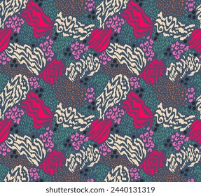 Creative collage of animal skins. Leopard, zebra, tiger. Wool and skin of wild animals. Fashionable modern pattern for wallpaper and fabric. Exotic print in different colors in flat style.