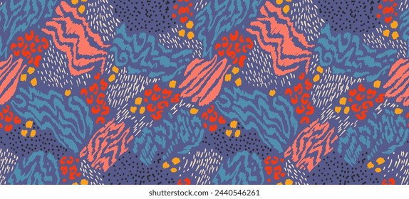 Creative collage of animal skins. Leopard, zebra, tiger. Wool and skin of wild animals. Fashionable modern pattern for wallpaper and fabric. Exotic print in different colors in flat style.