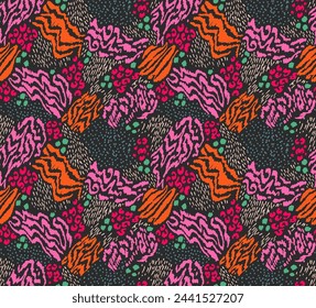 Creative collage of animal skins. Leopard, zebra, tiger. Wool and skin of wild animals. Fashionable modern pattern for wallpaper and fabric. Exotic print in different colors in flat style.