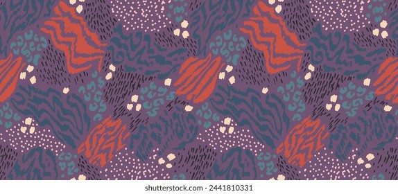 Creative collage of animal skins. Leopard, zebra, tiger. Wool and skin of wild animals. Fashionable modern pattern for wallpaper and fabric. Exotic print in different colors in flat style.