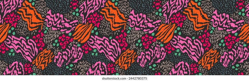 Creative collage of animal skins. Leopard, zebra, tiger. Wool and skin of wild animals. Fashionable modern pattern for wallpaper and fabric. Exotic print in different colors in flat style.