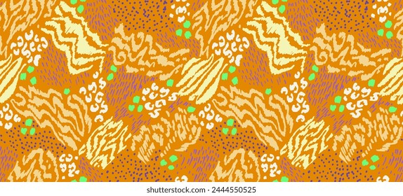 Creative collage of animal skins. Leopard, zebra, tiger. Wool and skin of wild animals. Fashionable modern pattern for wallpaper and fabric. Exotic print in different colors in flat style.