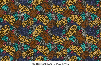 Creative collage of animal skins. Leopard, zebra, tiger. Wool and skin of wild animals. Fashionable modern pattern for wallpaper and fabric. Exotic print in different colors in flat style.