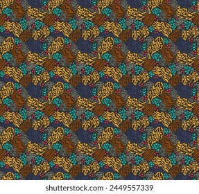 Creative collage of animal skins. Leopard, zebra, tiger. Wool and skin of wild animals. Fashionable modern pattern for wallpaper and fabric. Exotic print in different colors in flat style.