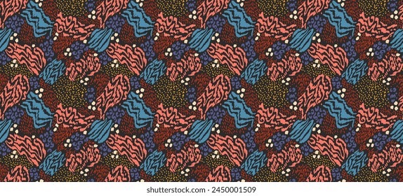 Creative collage of animal skins. Leopard, zebra, tiger. Wool and skin of wild animals. Fashionable modern pattern for wallpaper and fabric. Exotic print in different colors in flat style.