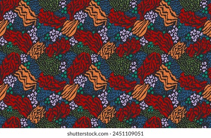 Creative collage of animal skins. Leopard, zebra, tiger. Wool and skin of wild animals. Fashionable modern pattern for wallpaper and fabric. Exotic print in different colors in flat style.