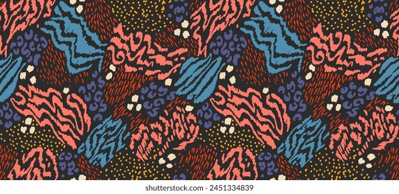 Creative collage of animal skins. Leopard, zebra, tiger. Wool and skin of wild animals. Fashionable modern pattern for wallpaper and fabric. Exotic print in different colors in flat style.