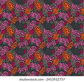Creative collage of animal skins. Leopard, zebra, tiger. Wool and skin of wild animals. Fashionable modern pattern for wallpaper and fabric. Exotic print in different colors in flat style.