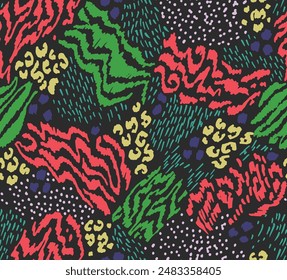 Creative collage of animal skins. Leopard, zebra, tiger. Wool and skin of wild animals. Fashionable modern pattern for wallpaper and fabric. Exotic print in different colors in flat style.