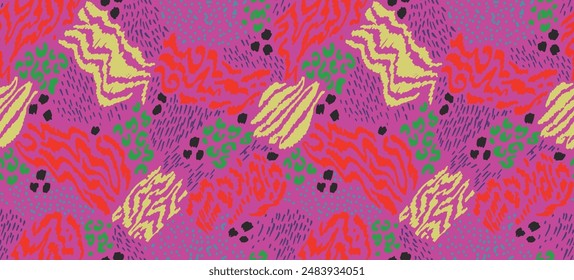 Collage creativo de pieles de animales. Leopardo, cebra, tigre. Lana y piel de animales salvajes. Patrón moderno de moda para Fondo de pantalla y tela. Impresión exótica en diferentes colores en estilo plano.