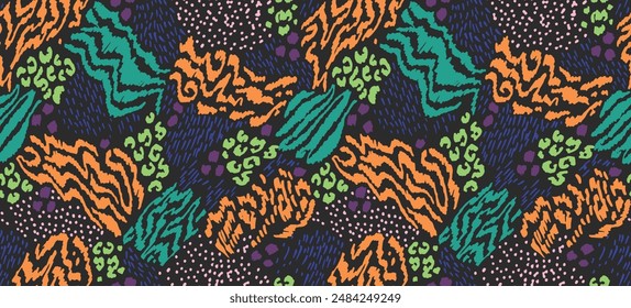 Creative collage of animal skins. Leopard, zebra, tiger. Wool and skin of wild animals. Fashionable modern pattern for wallpaper and fabric. Exotic print in different colors in flat style.