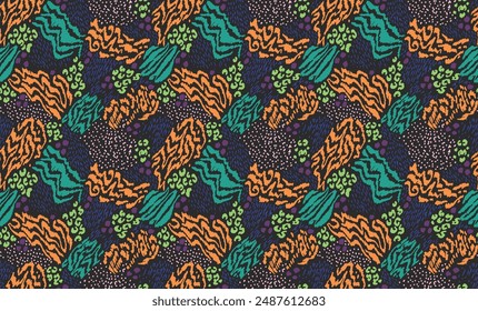 Creative collage of animal skins. Leopard, zebra, tiger. Wool and skin of wild animals. Fashionable modern pattern for wallpaper and fabric. Exotic print in different colors in flat style.