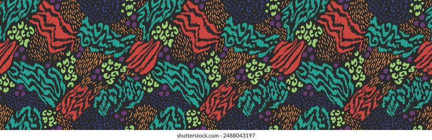 Creative collage of animal skins. Leopard, zebra, tiger. Wool and skin of wild animals. Fashionable modern pattern for wallpaper and fabric. Exotic print in different colors in flat style.
