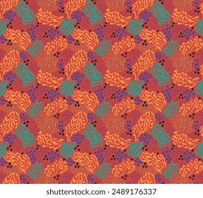 Creative collage of animal skins. Leopard, zebra, tiger. Wool and skin of wild animals. Fashionable modern pattern for wallpaper and fabric. Exotic print in different colors in flat style.