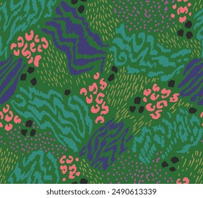 Creative collage of animal skins. Leopard, zebra, tiger. Wool and skin of wild animals. Fashionable modern pattern for wallpaper and fabric. Exotic print in different colors in flat style.