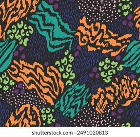 Creative collage of animal skins. Leopard, zebra, tiger. Wool and skin of wild animals. Fashionable modern pattern for wallpaper and fabric. Exotic print in different colors in flat style.