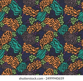 Creative collage of animal skins. Leopard, zebra, tiger. Wool and skin of wild animals. Fashionable modern pattern for wallpaper and fabric. Exotic print in different colors in flat style.