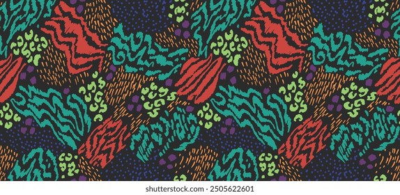 Collage creativo de pieles de animales. Leopardo, cebra, tigre. Lana y piel de animales salvajes. Patrón moderno de moda para el Fondo de pantalla y la tela. Estampado exótico en diferentes colores en estilo plano.