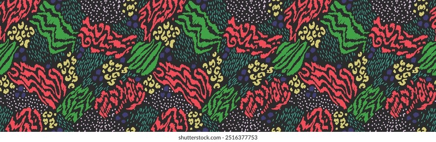 Creative collage of animal skins. Leopard, zebra, tiger. Wool and skin of wild animals. Fashionable modern pattern for wallpaper and fabric. Exotic print in different colors in flat style.