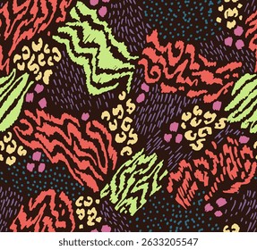 Creative collage of animal skins. Leopard, zebra, tiger. Wool and skin of wild animals. Fashionable modern pattern for wallpaper and fabric. Exotic print in different colors in flat style.