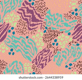 Colagem criativa de peles de animais. Leopardo, zebra, tigre. Lã e pele de animais selvagens. Padrão moderno na moda para papel de parede e tecido. Impressão exótica em cores diferentes em estilo plano.