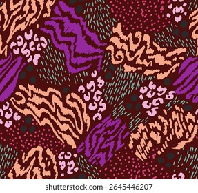 Colagem criativa de peles de animais. Leopardo, zebra, tigre. Lã e pele de animais selvagens. Padrão moderno na moda para papel de parede e tecido. Impressão exótica em cores diferentes em estilo plano.