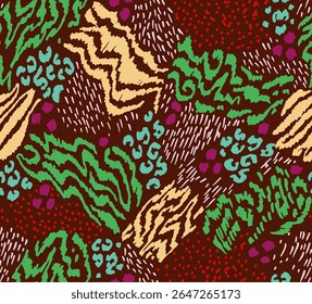 Creative collage of animal skins. Leopard, zebra, tiger. Wool and skin of wild animals. Fashionable modern pattern for wallpaper and fabric. Exotic print in different colors in flat style.