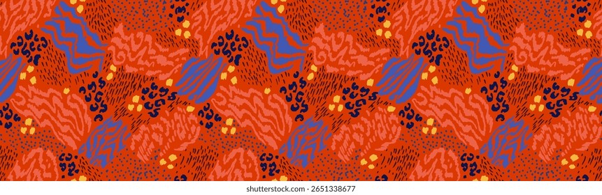 Colagem criativa de peles de animais. Leopardo, zebra, tigre. Lã e pele de animais selvagens. Padrão moderno na moda para papel de parede e tecido. Impressão exótica em cores diferentes em estilo plano.
