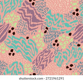Collage creativo de pieles de animales. Leopardo, cebra, tigre. Lana y piel de animales salvajes. Patrón moderno de moda para el Fondo de pantalla y la tela. Estampado exótico en diferentes colores en estilo plano.