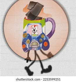 Dibujo creativo de carteles de arte de collage de estilo funky chunky, dinero volando en el aire, caricatura de concepto de taza yendo a reunión de café para la inversión en negocios,
Y el objetivo de inicio de negocios al éxito