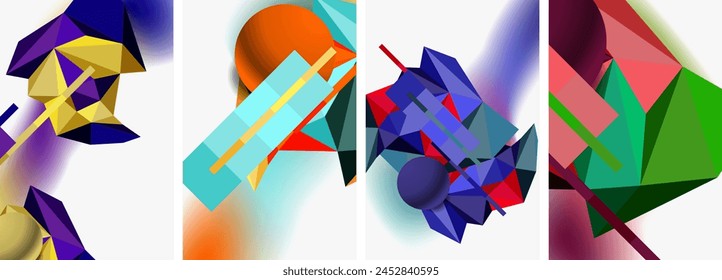 Eine kreative Collage aus farbenfrohen geometrischen Formen auf weißem Hintergrund mit elektrischem blauem Rechteck. Lebendige Farbtöne und Schattierungen, die durch Kunstmalerei und eine spielerische künstlerische Geste zum Leben erweckt werden