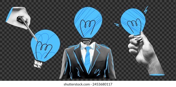 Creative collage concepts set: Man with a light bulb head in a pop art style, featuring blue grunge textures and dadaism elements. Hand-drawn doodles and cut-out paper aesthetics in a surreal banner.